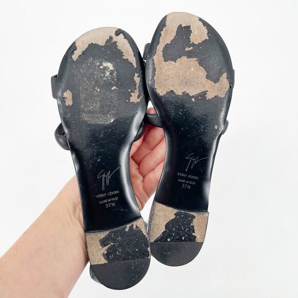 Giuseppe Zanotti Black Leather Gold Crocodile Embellished Flat Sandals IT 37.5 - Picture 12 of 13